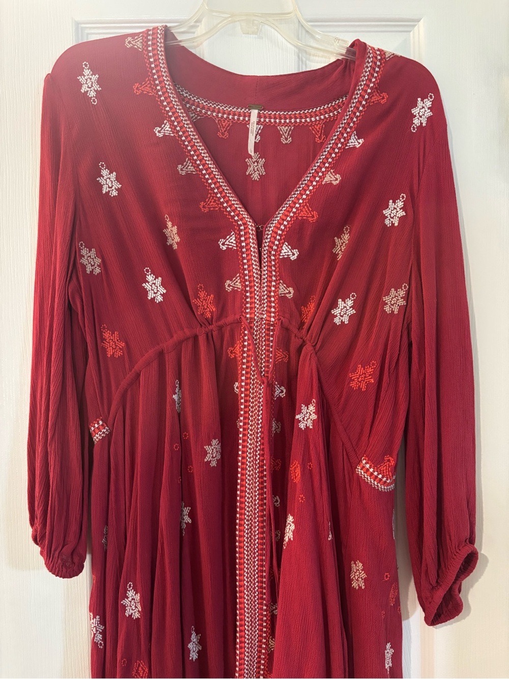 Free People Red Embroidered V-Neck Boho Dress